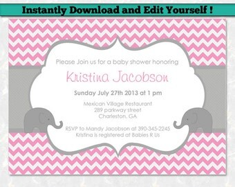 Editable Baby Shower Invitation Template - Girl Baby Shower Invitation - Chevron Baby Shower - Pink and Gray Elephant Baby Shower