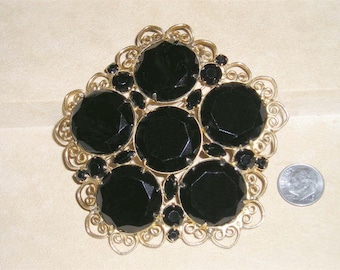 Vintage Large Coat Brooch With Black Glass Rhinestones BFB 1960's Pin Jewelry 3121
