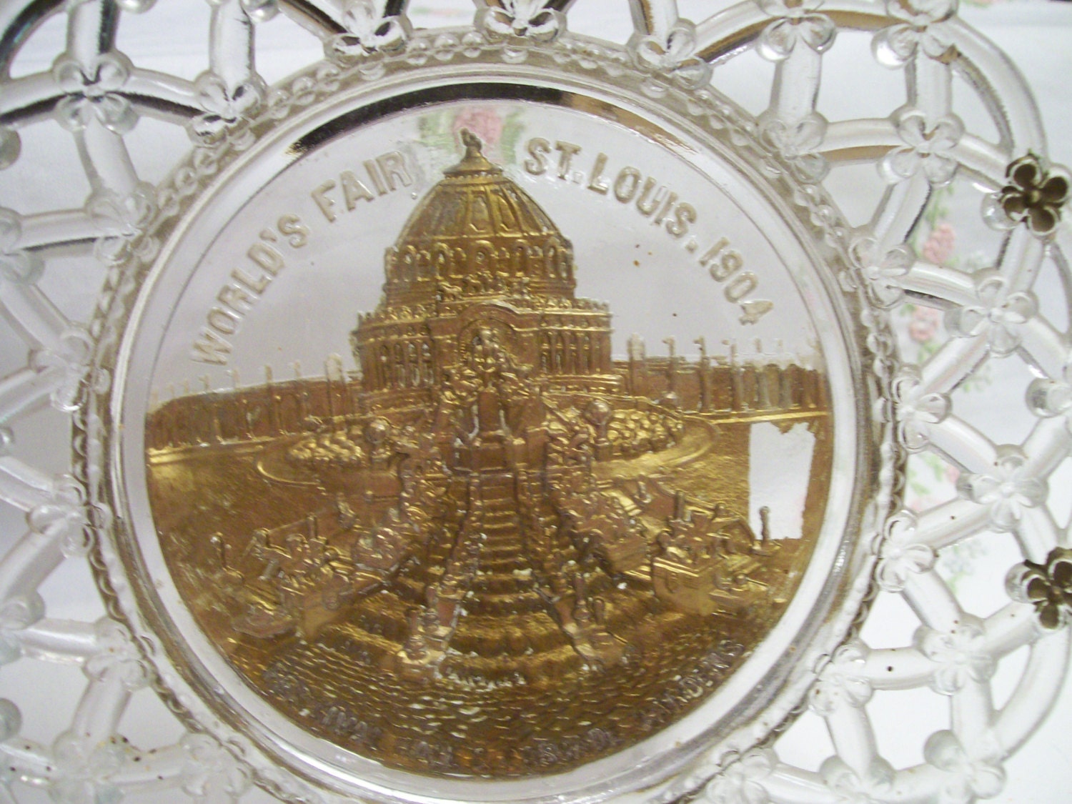1904 Worlds Fair Goofus Glass Souvenir Plate Antique Lattice