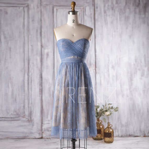 2019 Steel  Blue  Lace Bridesmaid  Dress  Strapless Wedding 