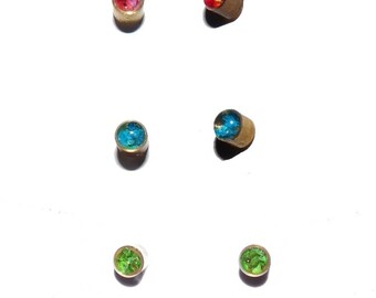 Stud earrings tiny Earrings minimalist dried flower petals red pink blue botanical real dry plant resine costume jewelry women children