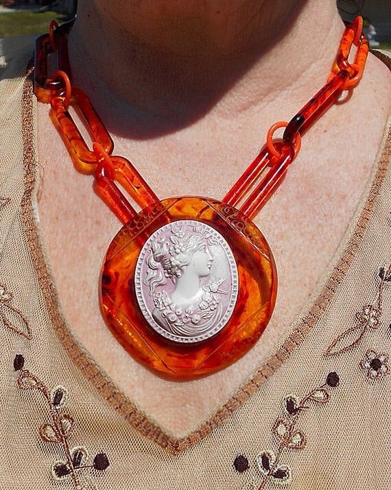 Flowered Celluloid Cameo Set in Engraved Celluloid Tortoise Shell Pendant, Celluloid Tortoise Shell Chain Link Necklace Avail. Both 134.90 by emenow steampunk buy now online