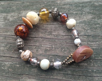 Vintage Natural Tone Beaded Bracelet / Antique Bohemian Jewelry / Assorted Material Bracelet / Wood Button Bracelet / Earthy Bracelet