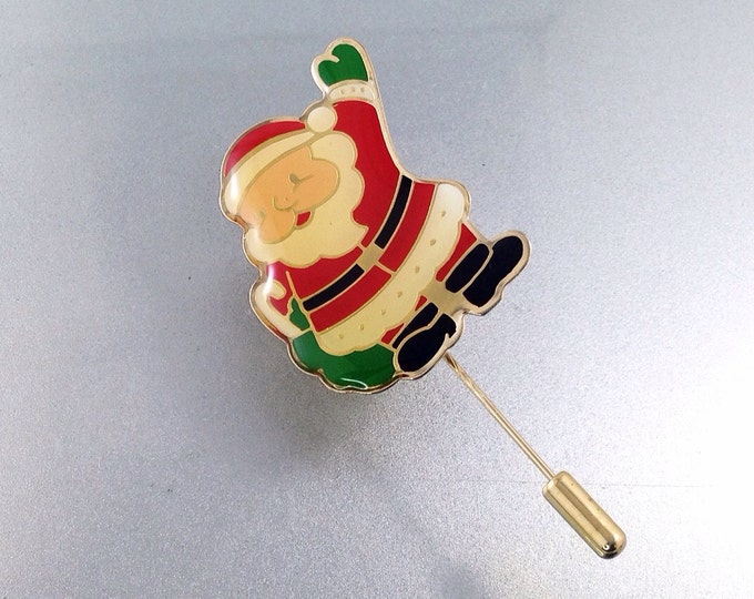 Sweet Vintage Enamel Santa Claus Brooch Pin With Vinyl, Fun Holiday Jewelry Hohoho Jolly Brooches. Christmas Holiday Pin