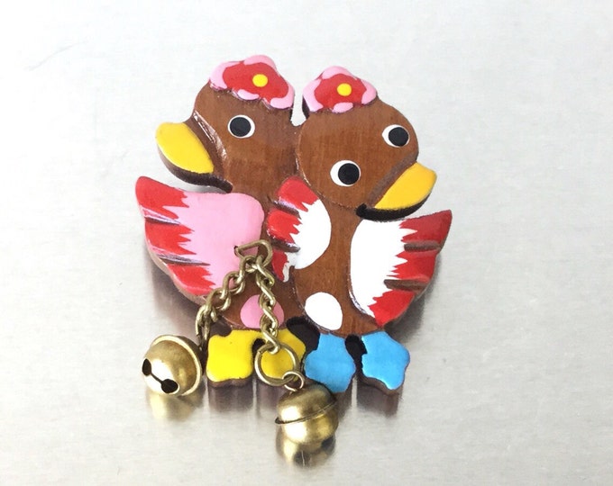 Lovely Vintage Handpainted Character Brooch, Vintage Duck Brooch. Cartoon Brooch. Colorful Brooch. Brooch with bells.