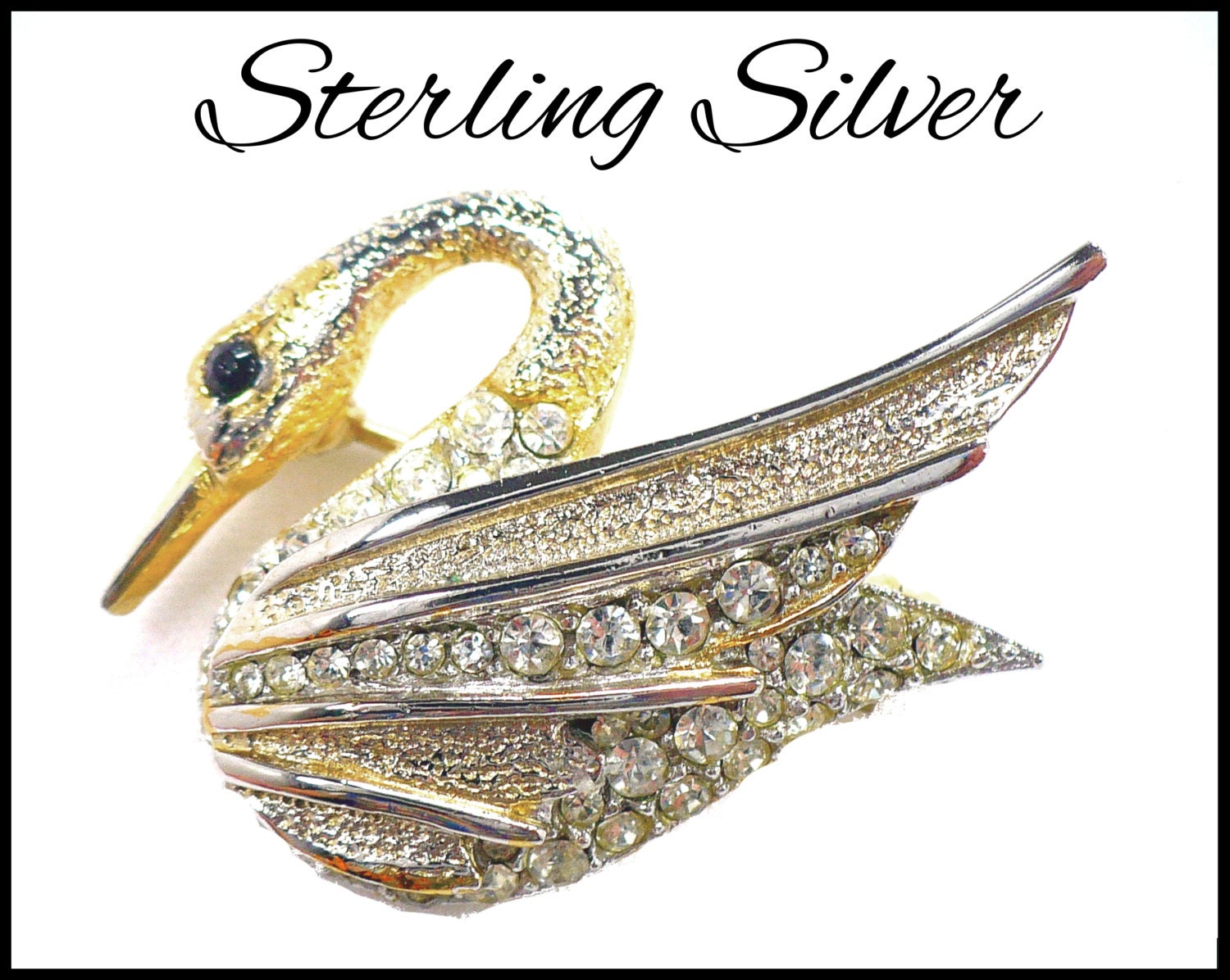 Sterling Silver & Rhinestone Swan Brooch Gold Over