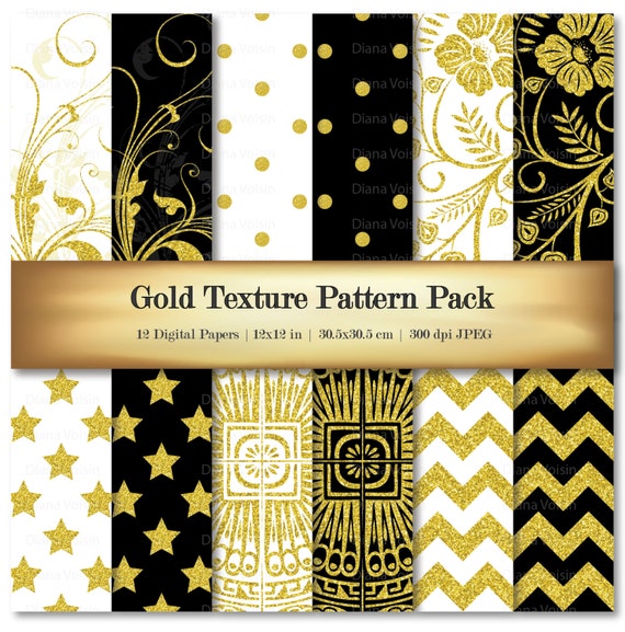 Gold Digital Scrapbook Paper Variety Pack Black White Textured