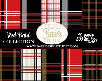 Digital Paper Plaid, Christmas Digital Paper, Red and Black Plaid Digital Paper, Red and gold digital paper, Plaid Planner Paper