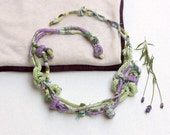 Fiber statement necklace in purple and green Hand wrapped and knitted jewelry with bamboo beads, OOAK