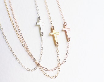 Tiny Sideways Cross Necklace, Gold Cross Necklace, Rose Gold Cross Necklace, Sideways Cross Perfect Everyday Wear, Holiday Gift