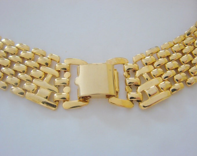 80s Modernist Bib Necklace / Retro / Wide / Goldtone / Flexible Links / Vintage Jewelry / Jewellery