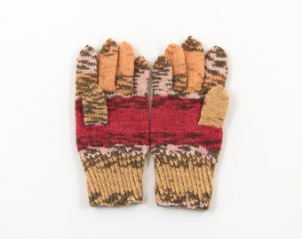 Hand Knitted Gloves - Brown, Red and Beige, Size Small/Medium