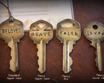 key | Hand Stamped Key Necklace | Choose The Font | Choose Your Word | Bulk Order Discounts