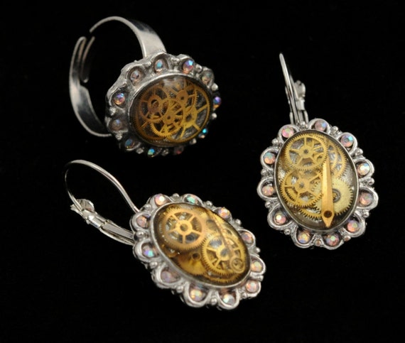 set of a ring and earrings steampunk art jewelry watch movement nice gift by WinTouchStuff steampunk buy now online