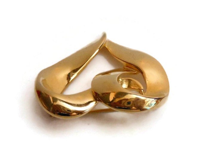 FREE SHIPPING Gold heart brooch, gold tone, open heart pin, wavy dimensional, ribbon heart, figural brooch, shiny gold