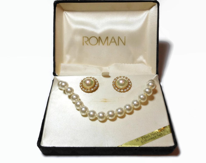 FREE SHIPPING Bridal pearl necklace earrings set, Roman jewelry faux pearl necklace, cabochon earrings, rhinestone gold plate, original box