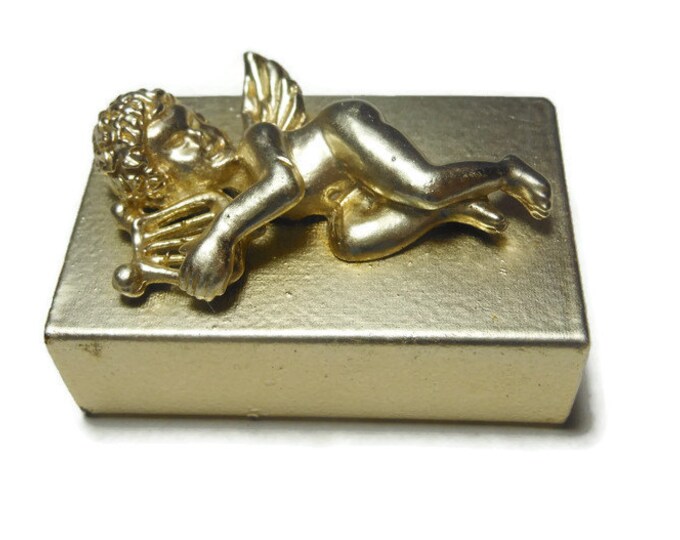 FREE SHIPPING Florenza cherub match box, match safe great condition, gold cherub harp, gold tipped matches, striker works late 50s early 60s