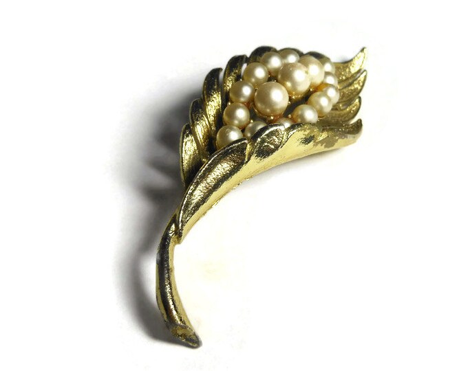 FREE SHIPPING Coro Pegasus brooch, textured gold plated leaf with faux pearl interior, folded over leaf