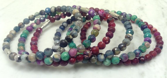 Blue, Green, Purple & Red Faceted Agate Beaded Bracelets