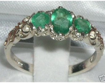Solid 925 Sterling Silver Genuine 3 Emerald Ring, Promise Ring, English Victorian Style Carved Ring, Trilogy Ring - Customizable