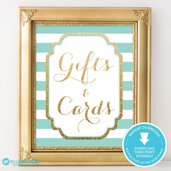 Mint and Gold Baby Shower Sign - Gift & Cards party sign - Gold Glitter Baby Shower - Gold Glitter Printable - Baby Shower Printable Il_570xn