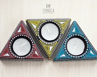 Wood candle holders, Set of 3, Geometric tealight holder, Modern decor, Hand painted, Birthday gift for women or gift for men