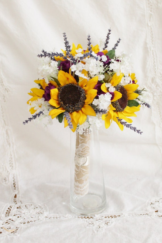 Sunflower Bouquet Purple Mini Roses and Lavender Rustic