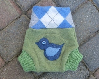 Cloth Diaper Cover/Soaker/Shorties/Nappy Cover - Green and Blue with a Bird Applique - Size Medium