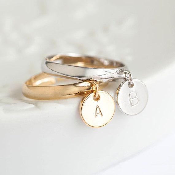Tiny Initial Letter Round Disc Dangle Charm Ring Gold