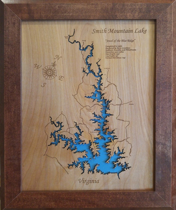 Smith Mountain Lake VA laser cut wood map