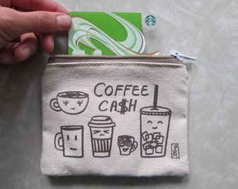 Coffee Cash coin pouch/ perfect way to package a gift card/ coffee addict/ foodie/ illustration/ food drawings/ latte/espresso/ hipster