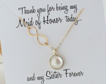 Maid of Honor Gift, Infinity Pearl Gold Necklace, Halo Pearl Necklace, Sister card, Maid of Honor Card necklace, Maid of Honor Gift Sister