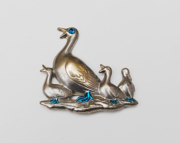 Duck with Duckling Brooch - Silver with blue rhinestone enameling - bird figurine pin