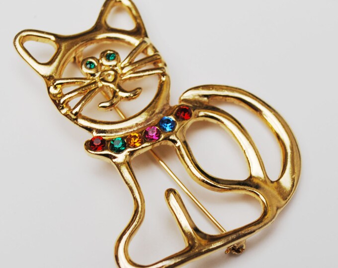 Cat Brooch Gold with colorful rhinestone kitten pin