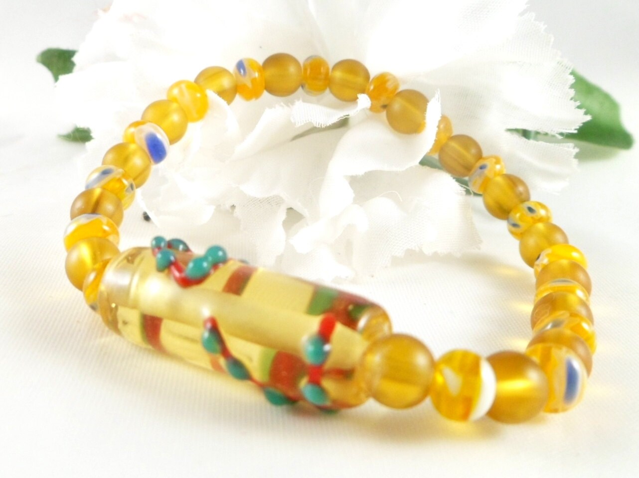 Yellow Bead Bracelet with Lampwork Focal Bead by