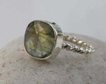 Square Labradorite Stackable Ring- Cushion Cut Faceted Labradorite Ring- Rope Gemstone Ring- Unique Sterling Silver Ring