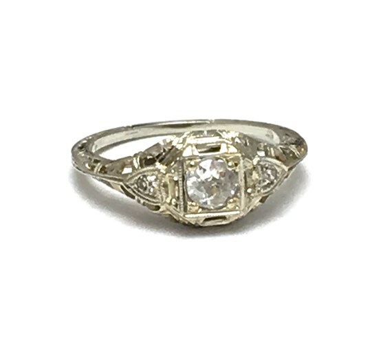 Art Deco 18k Diamond Engagement Ring White Gold by WatchandWares