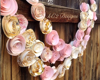 Paper Flower Garland blush garland gold Wedding Garland. Pink flowers paper flower garland rose quartz gold garland nursery decor baby girl