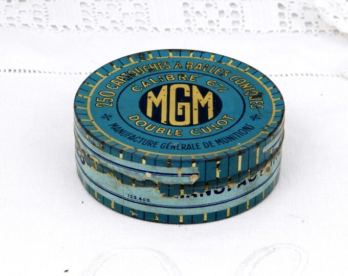 Antique French Metal Tin, Blue with Gold Lettering MGM Rifle Lead Shot, Retro Vintage Home Decor, Country, Brocante, Pellets, Industrial Antique French Metal Tin, Blue with Gold Lettering MGM Rifle Lead Shot, Retro Vintage Home Decor, Country, Brocante, Pellets, Industrial