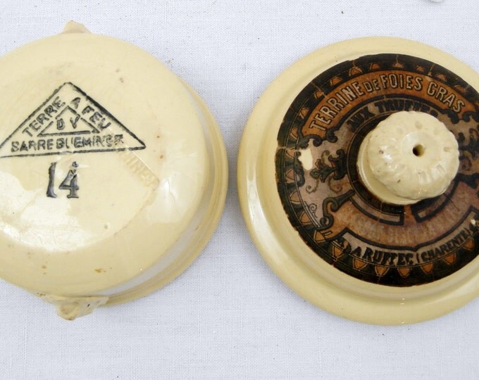 Small Antique "Terrine de Foies Gras aux Truffes" Truffles Lidded Pot with Original Paper Label by Sarrguemines from France, French Countr Small Antique "Terrine de Foies Gras aux Truffes" Truffles Lidded Pot with Original Paper Label by Sarrguemines from France, French Countr
