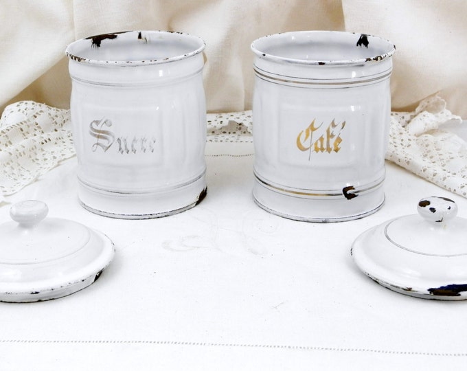 Antique 2 Piece French Chippy White and Gold Enamelware Metal Canister Set Sucre Cafe / Sugar Coffee, Country, Decor, Shabby, Chic, Cottage