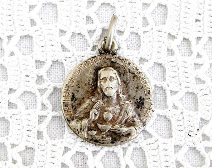 Vintage French Religious Silver Plated Charm Jesus Sacred Heart Virgin Mary and Baby Jesus, Religious Pendant Jewelry, Christian Charm