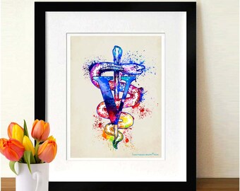 Watercolor Veterinary Caduceus - 8.5" x 11", Veterinary Gift, Veterinary Graduate gift, Veterinary Clinic Decor, Animal Hospital decor