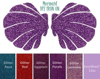 MERMAID SHIRT APPLIQUES, Custom Sizes and Colors, Iron On Transfer, Seashell Bra Top, Sea Shells, Glitter Vinyl Appliques, Little Princess