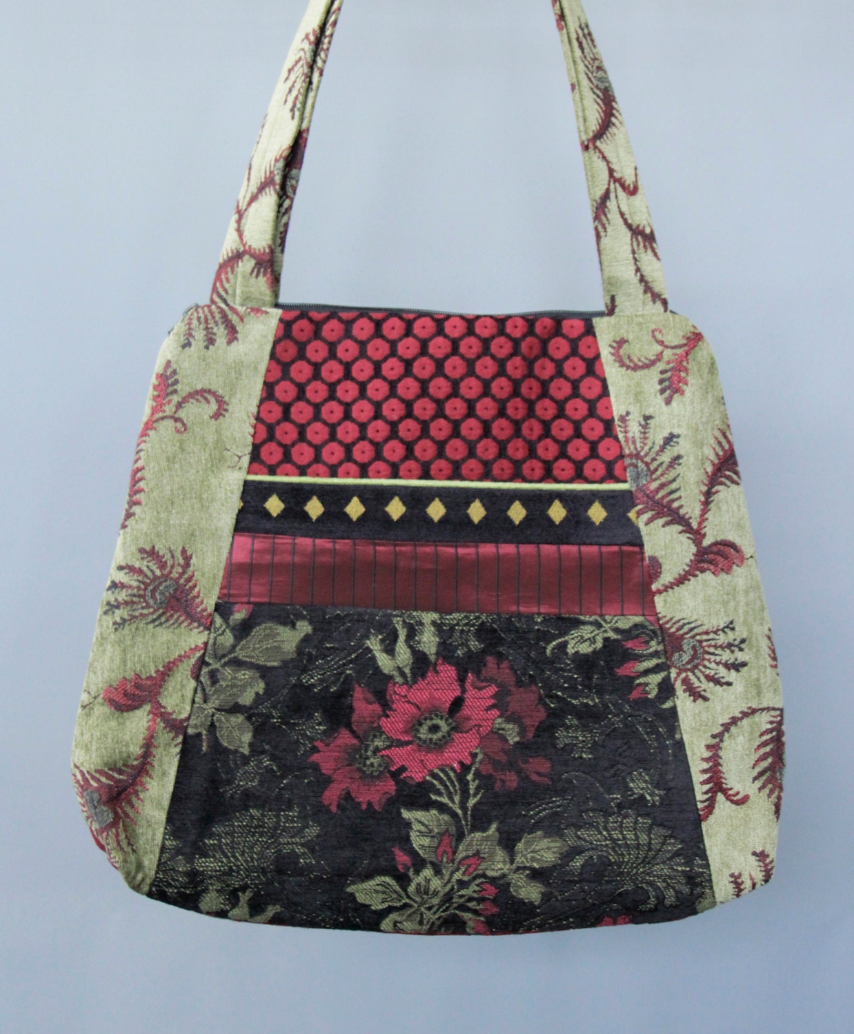 Madeira Tapestry Tote Bag in Red Black and Sage Floral
