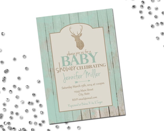 Rustic Deer Baby Shower Invitation - Burlap Deer Wood Background - Tan Cream and Blue Green - DIY - Printable Il_570xn