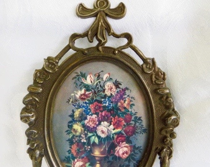 Antique Brass Framed Picture French Style Wall Hanging Ribbon & Rose Details Classic and Elegant