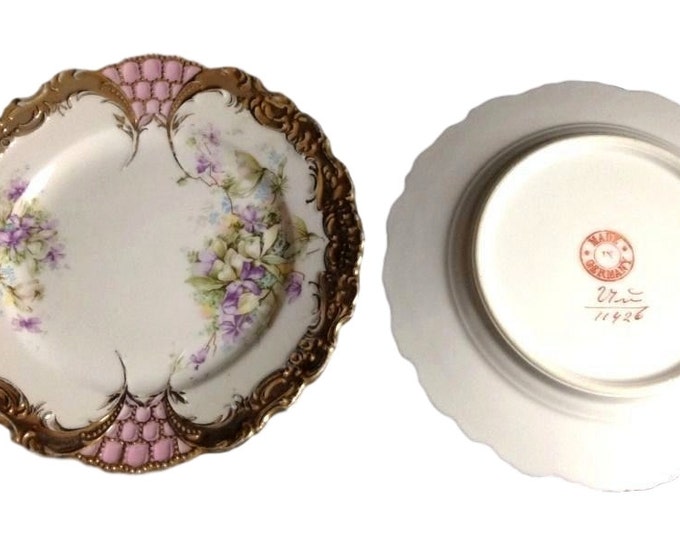 Set of 6 Antique German Porcelain Dessert Plates Art Deco Multi-color, Pre 1920, 6 Inch
