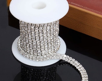 Rhinestone Trim - Crystal Trim - Rhinestone Chain Silver Rhinestone trim Cup Chain 3mm Rhinestone - 1 row 2 rows 3 rows 4 rows 6 Row 1 yard
