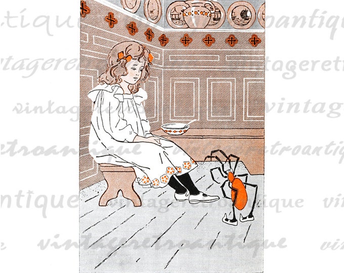 Printable Graphic Little Miss Muffet Download Color Fairy Tale Illustration Image Digital Vintage Clip Art HQ 300dpi No.2431